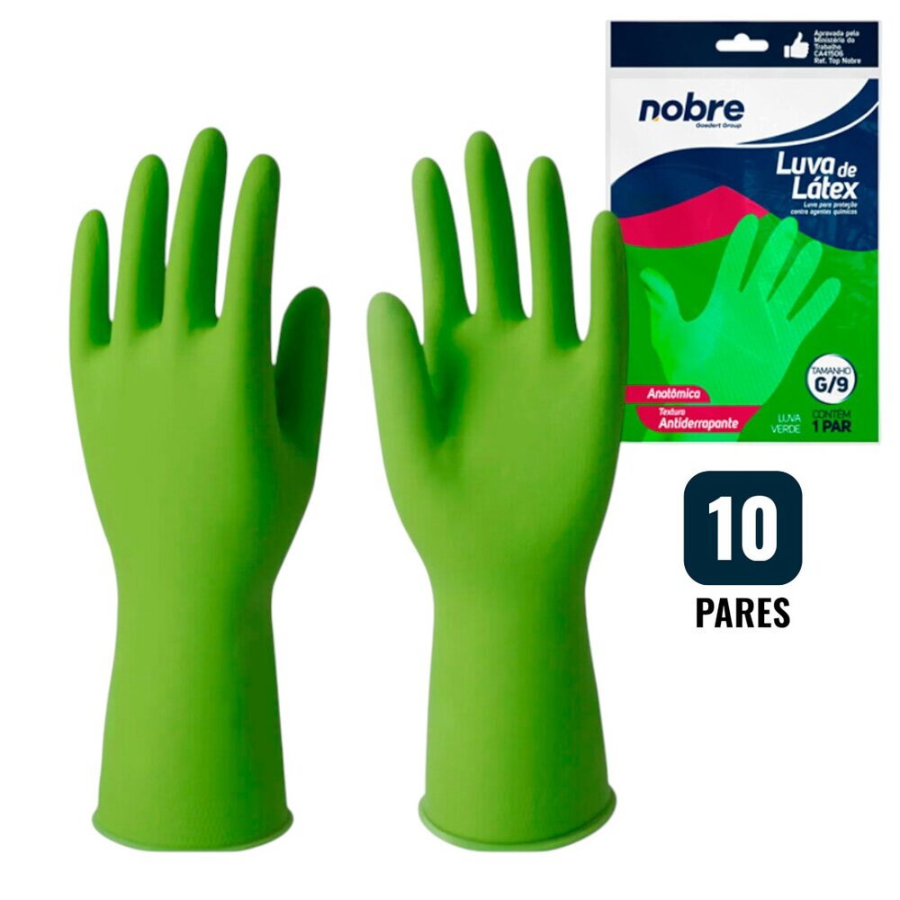 Kit 10 Pares de Luvas Nobre Látex G p/ Agentes Químicos Resistente e Segura Verde