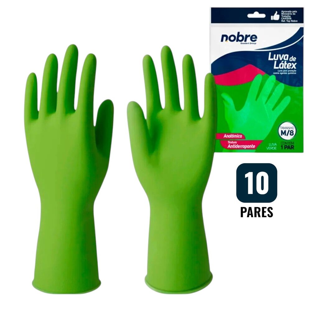 Kit 10 Pares de Luvas Nobre Látex M p/ Agentes Químicos Resistente e Segura Verde