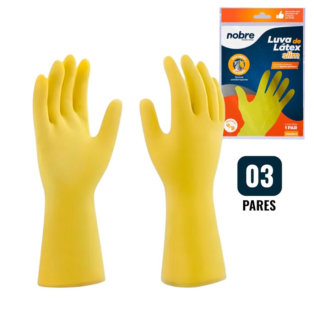 Kit 3 Pares de Luvas Nobre Látex G p/ Agentes Químicos Resistente e Segura Amarelo