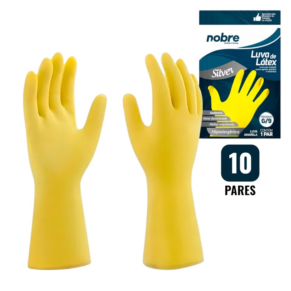 Kit 10 Pares de Luvas Nobre Borracha/Látex Hipoalergênica G Amarela Nobre Silver Louças Cozinha