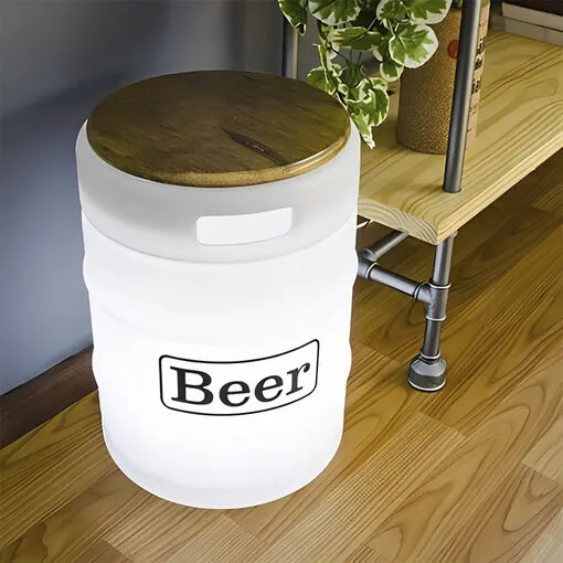Banco Iluminado Beer Barrel Branco Porta Objetos Tampo Madeira Bivolt