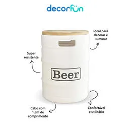 Banco Iluminado Beer Barrel Branco Porta Objetos Tampo Madeira Bivolt