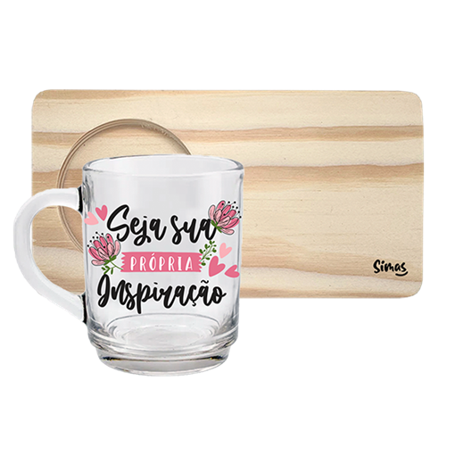 Caneca de Vidro com Suporte de Madeira - Seja Sua Inspiração