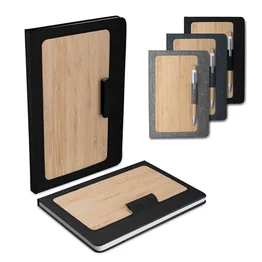 Caderno Com Capa Dura em Bambu com Suporte de Caneta Preto