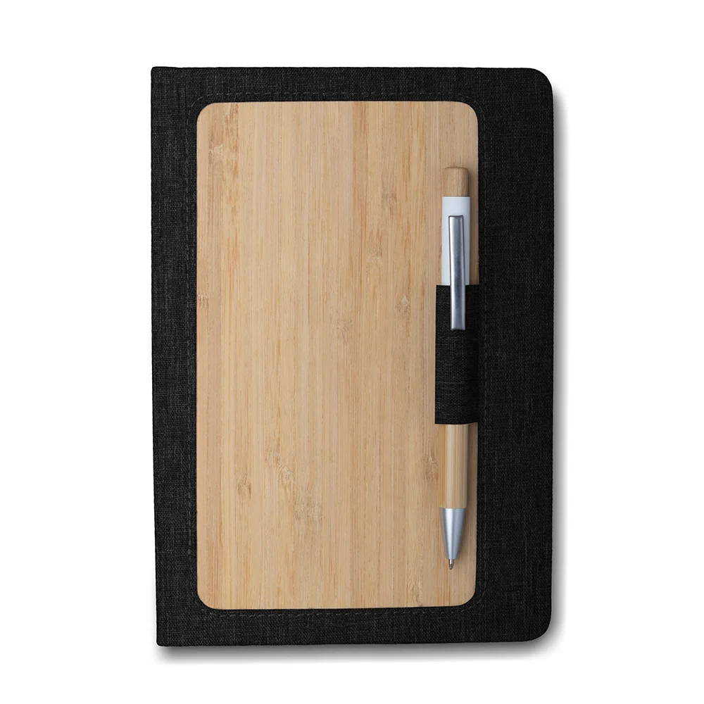 Caderno Com Capa Dura em Bambu com Suporte de Caneta Preto