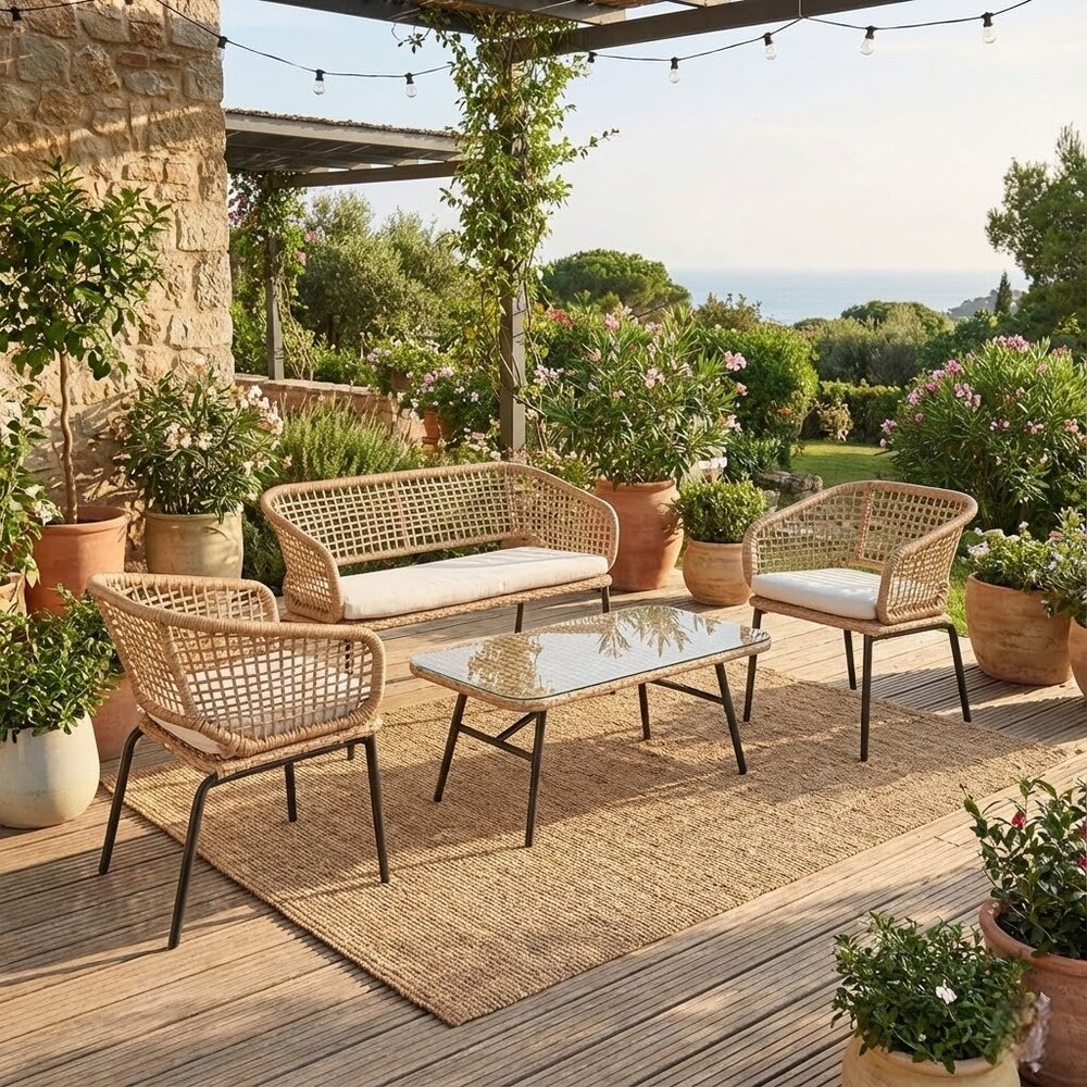 Conjunto de Área Externa 1 Sofá, 2 Poltronas e 1 Mesa Ratan Sorrento
