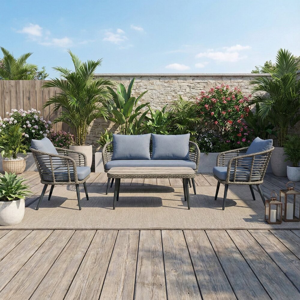 Conjunto de Área Externa 1 Sofá, 2 Poltronas e 1 Mesa Cinza Capri