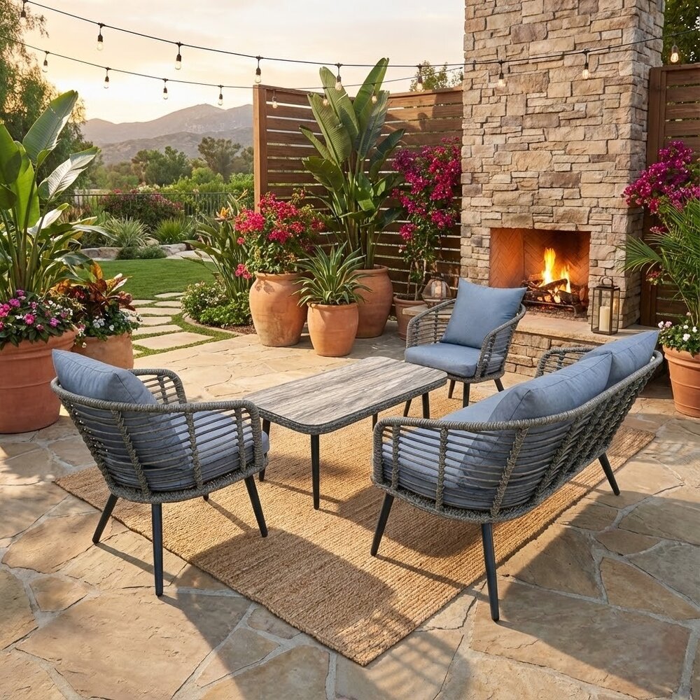 Conjunto de Área Externa 1 Sofá, 2 Poltronas e 1 Mesa Cinza Capri