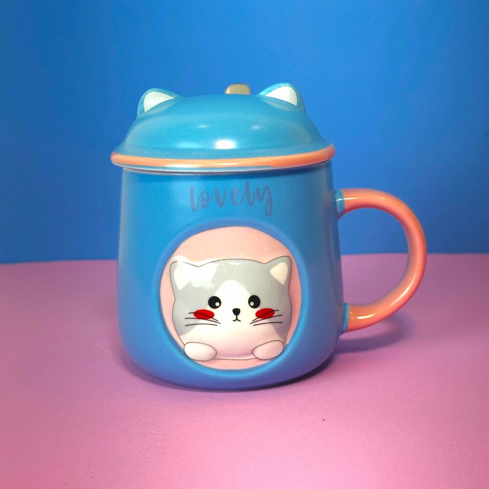 Caneca Porcelana 3D com Tampa e Colher Gatinho Azul