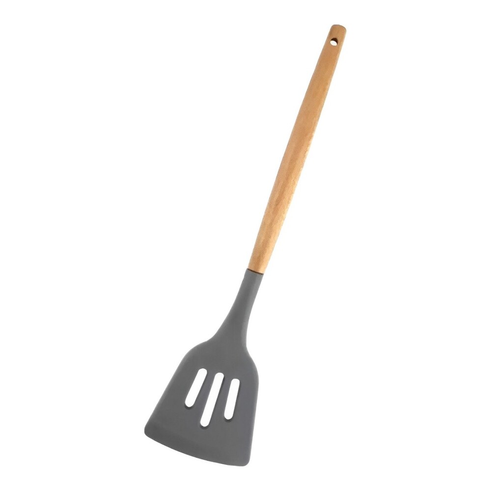 Espátula Silicone Cabo de Madeira Cinza Vazada para Frituras 31cm