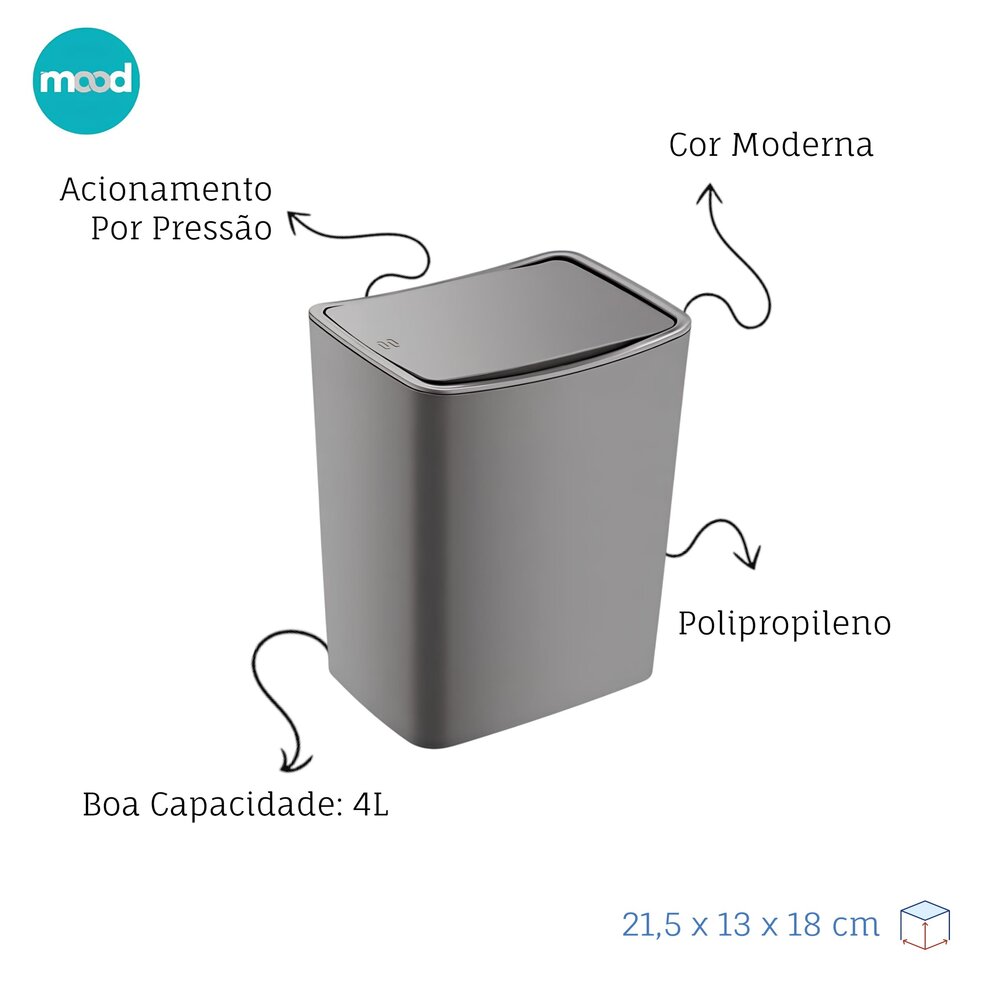Lixeira 4 Litros Cozinha Escritório Banheiro Touch Fendi - Mood