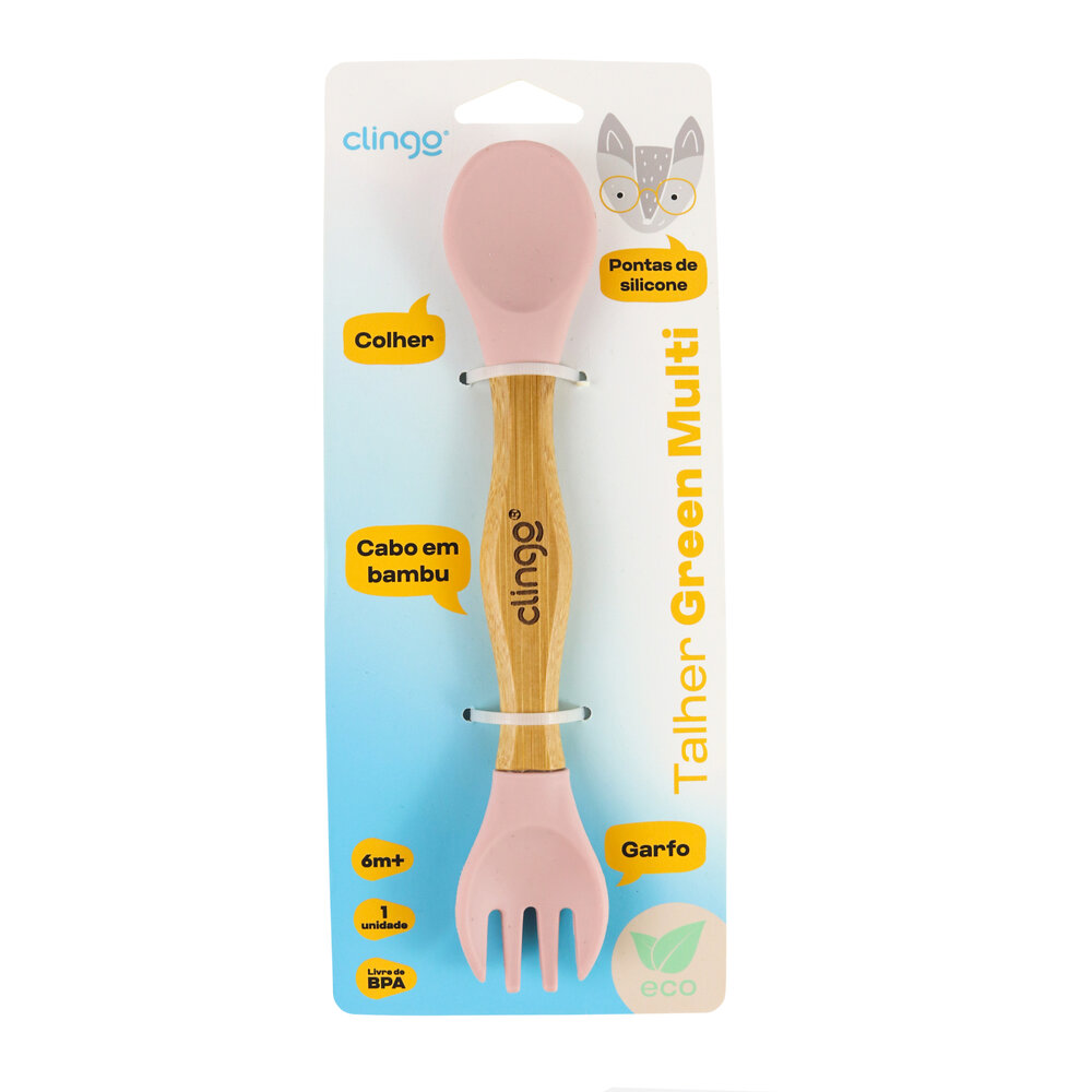 Talher Duplo de Bambu e Silicone Clingo Rosa Sustentável