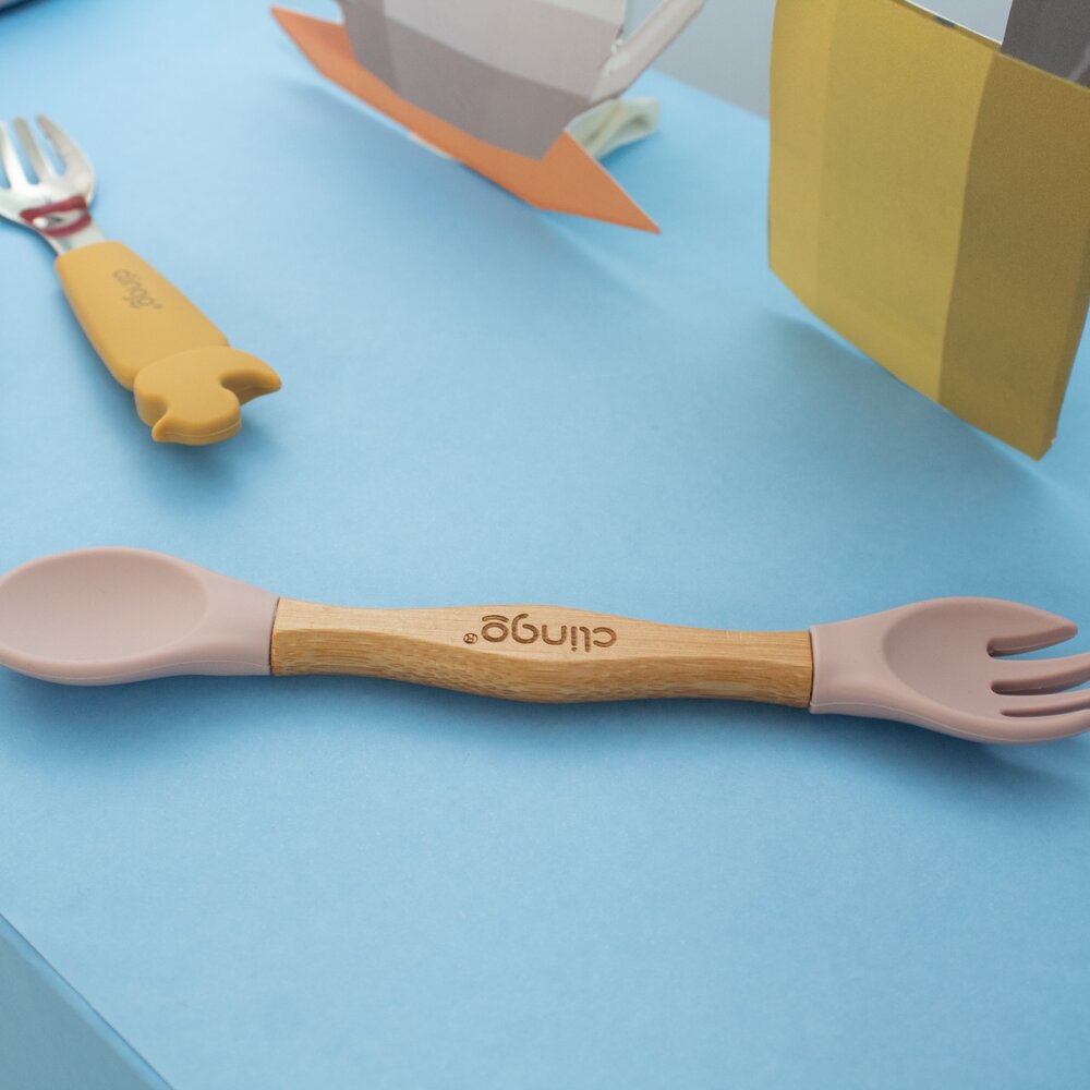 Talher Duplo de Bambu e Silicone Clingo Rosa Sustentável