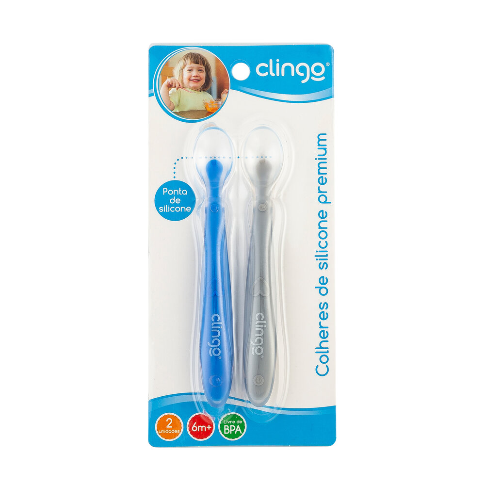 Colheres Silicone Premium Clingo - Cores Azul e Cinza - 2 Unidades
