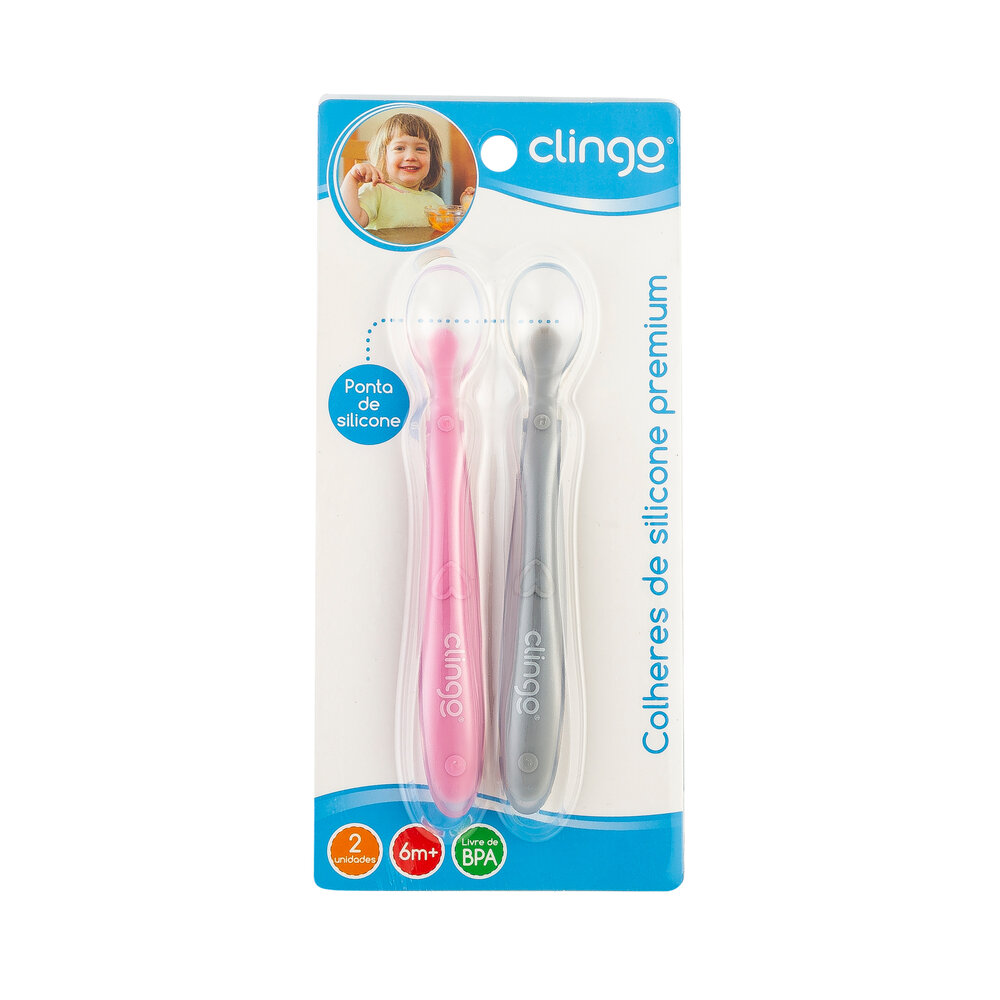 Colheres Silicone Premium Clingo - Cores Rosa e Cinza - 2 Unidades