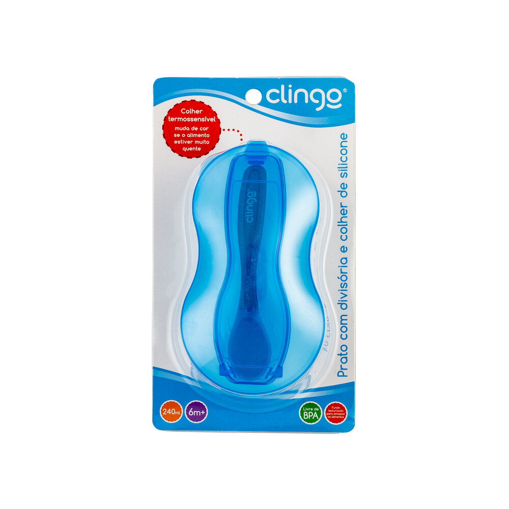 Prato com Divisória e Colher Clingo - Cor Azul - Design Seguro e Resistente
