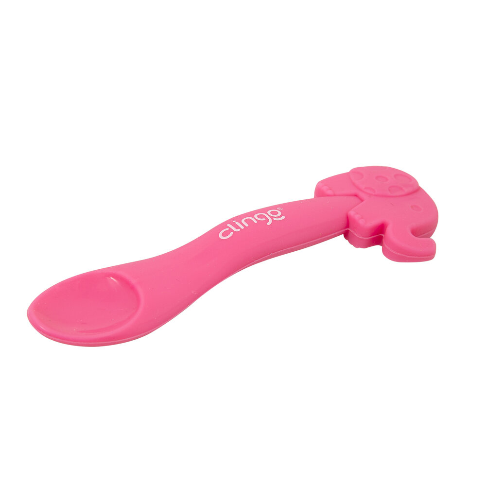 Colher em Silicone Premium Elefante Rosa Seguro para as Gengivas do Bebê