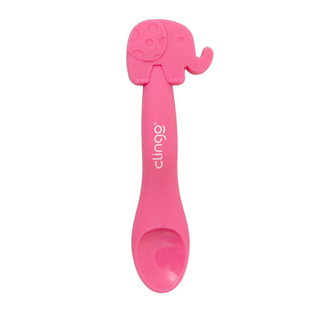 Colher em Silicone Premium Elefante Rosa Seguro para as Gengivas do Bebê