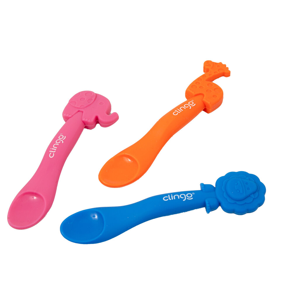 Colher em Silicone Premium Girafa Laranja Seguro para as Gengivas do Bebê