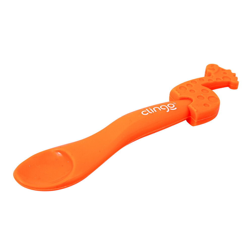 Colher em Silicone Premium Girafa Laranja Seguro para as Gengivas do Bebê