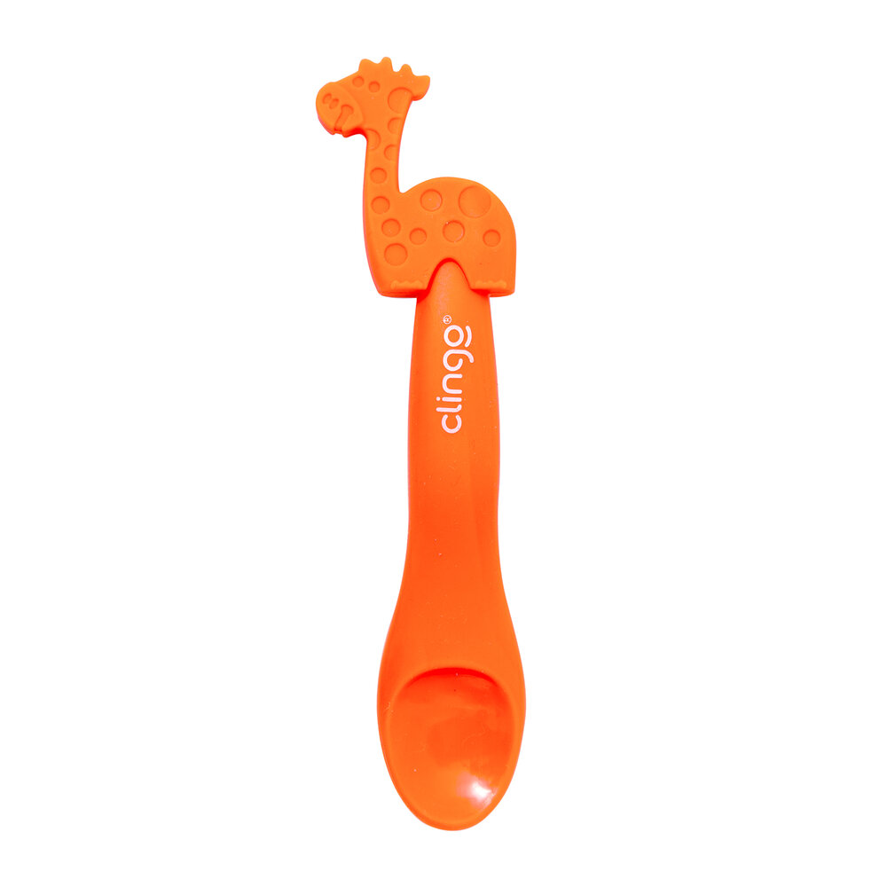 Colher em Silicone Premium Girafa Laranja Seguro para as Gengivas do Bebê