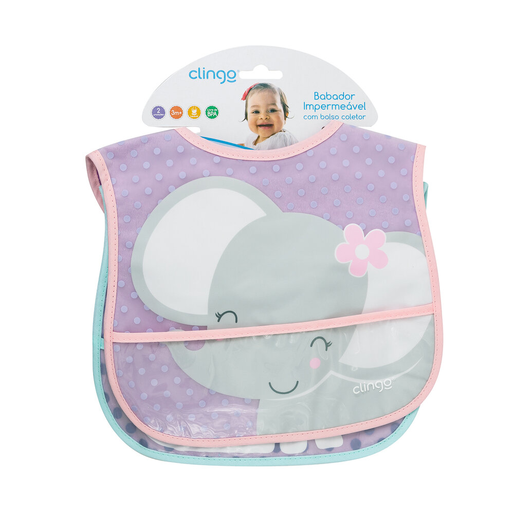Kit 2 Babadores Impermeáveis Elefante/Gato com Coletor e Velcro - Clingo