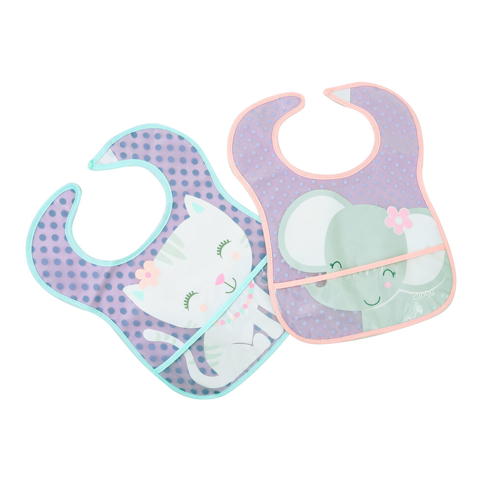 Kit 2 Babadores Impermeáveis Elefante/Gato com Coletor e Velcro - Clingo