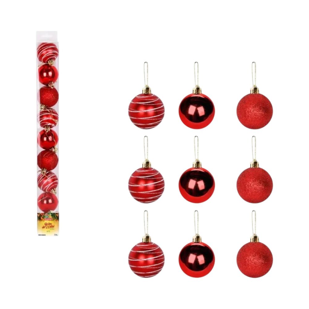 Kit 9 Bolinhas para Árvore de Natal Texturizadas Enfeite Vermelhas