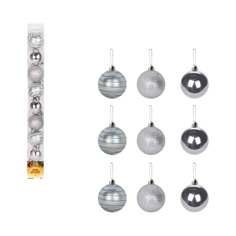 Kit 9 Bolinhas para Árvore de Natal Texturizadas Enfeite Prata