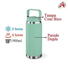 Garrafa Térmica Parede Dupla em Aço Inox Verde 900ml com Alça