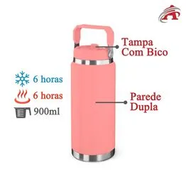 Garrafa Térmica Parede Dupla em Aço Inox Rosa 900ml com Alça