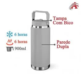 Garrafa Térmica Parede Dupla em Aço Inox Cinza 900ml com Alça