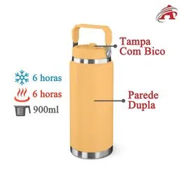 Garrafa Térmica Parede Dupla em Aço Inox Amarela 900ml com Alça