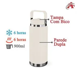 Garrafa Térmica Parede Dupla em Aço Inox Branca 900ml com Alça