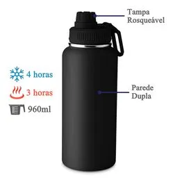 Garrafa com Alça e Bico 960ml Parede Dupla Preta