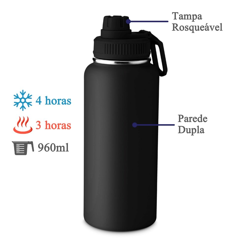 Garrafa com Alça e Bico 960ml Parede Dupla Preta