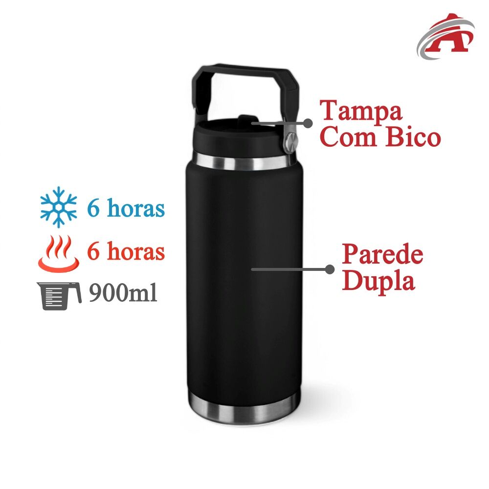 Garrafa Térmica Parede Dupla em Aço Inox Preta 900ml com Alça