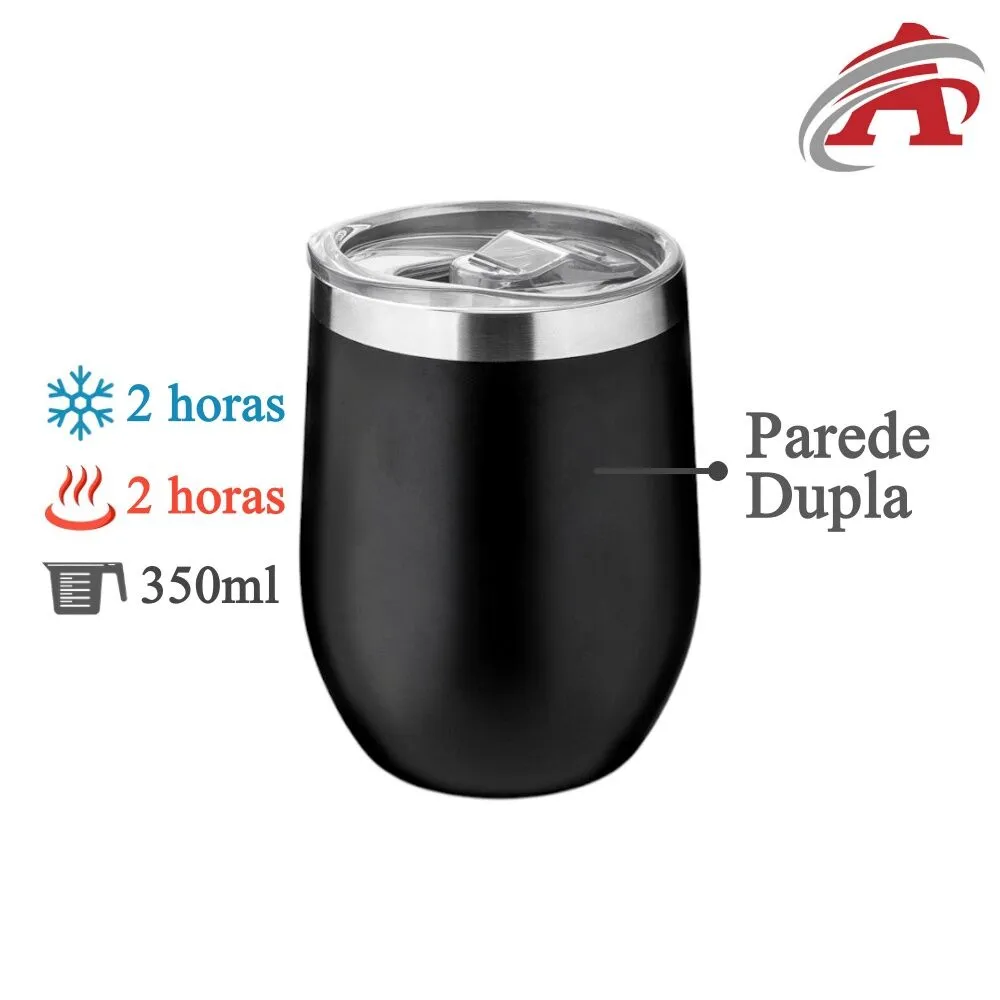 Copo Térmico em Inox Parede Dupla 350ml Preto Tampa Hermética