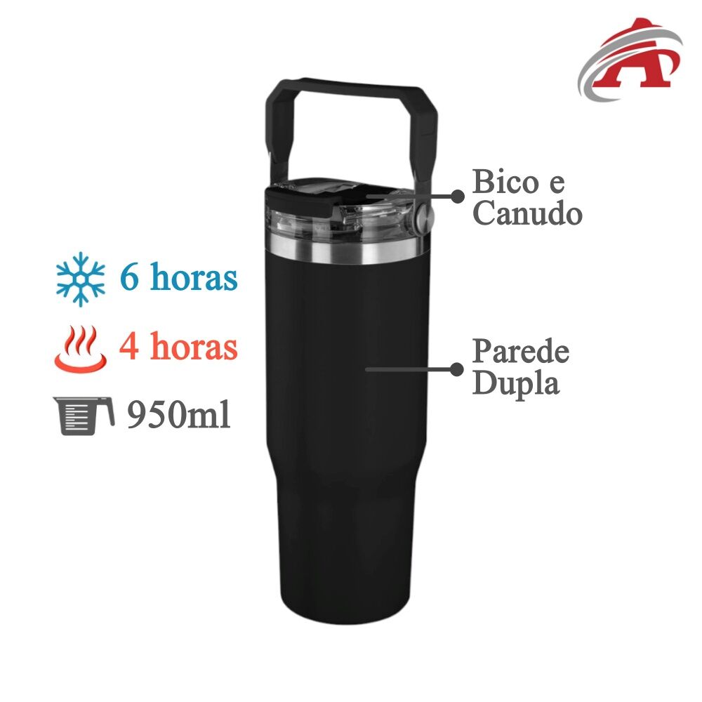 Garrafa Copo Térmico Parede Dupla em Aço Inox Preta 950ml