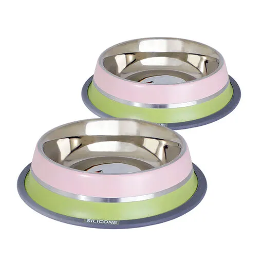 Kit 2 Comedouros Inox Dual Rosa/Verde P 210ml - Germanhart