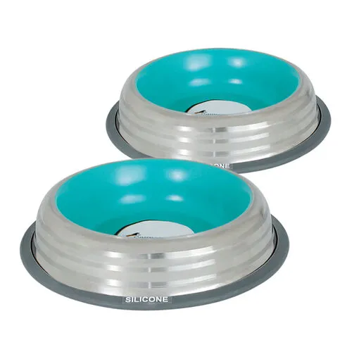 Kit 2 Comedouros Inox Premium Azul 210ml com Base de Silicone Cães e Gatos