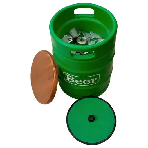 Banco Cooler de Cervejas Barril Decorativo Tampo de Madeira 9L Verde