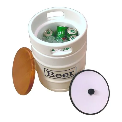 Banco Cooler de Cervejas Barril Decorativo Tampo de Madeira 9L Branco