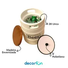 Banco Cooler de Cervejas Barril Decorativo Tampo de Madeira 9L Branco