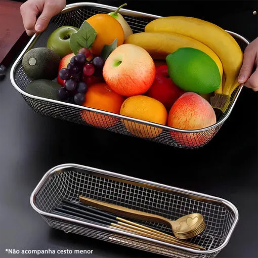 Cesto Telado Multiuso em Inox 27x37cm Fruteira de Mesa