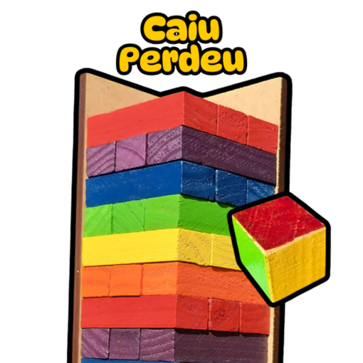 Caiu Perdeu Torre Maluca Jenga 54 Peças Colorido - Jogo de Equilibrio em Madeira com Base e Dado
