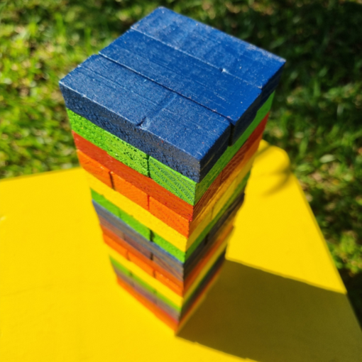 Caiu Perdeu Torre Maluca Jenga 54 Peças Colorido - Jogo de Equilibrio em Madeira com Base e Dado