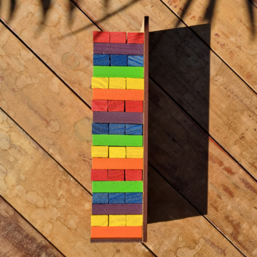 Caiu Perdeu Torre Maluca Jenga 54 Peças Colorido - Jogo de Equilibrio em Madeira com Base e Dado