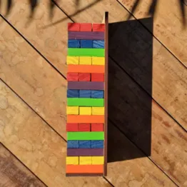 Caiu Perdeu Torre Maluca Jenga 54 Peças Colorido - Jogo de Equilibrio em Madeira com Base e Dado