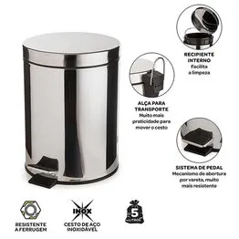 Lixeira Redonda de Chão em Inox 5 Litros com Pedal